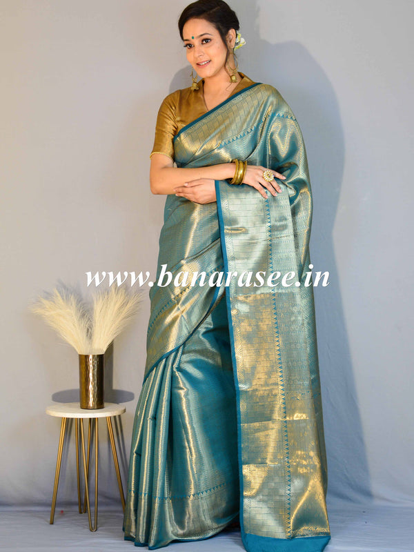 Kanjivaram Art Silk Saree With Antique Zari Jaal Design-Green
