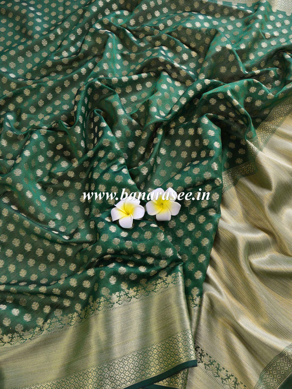 Banarasee Cotton Silk  Saree With Zari Buti & Border-Green