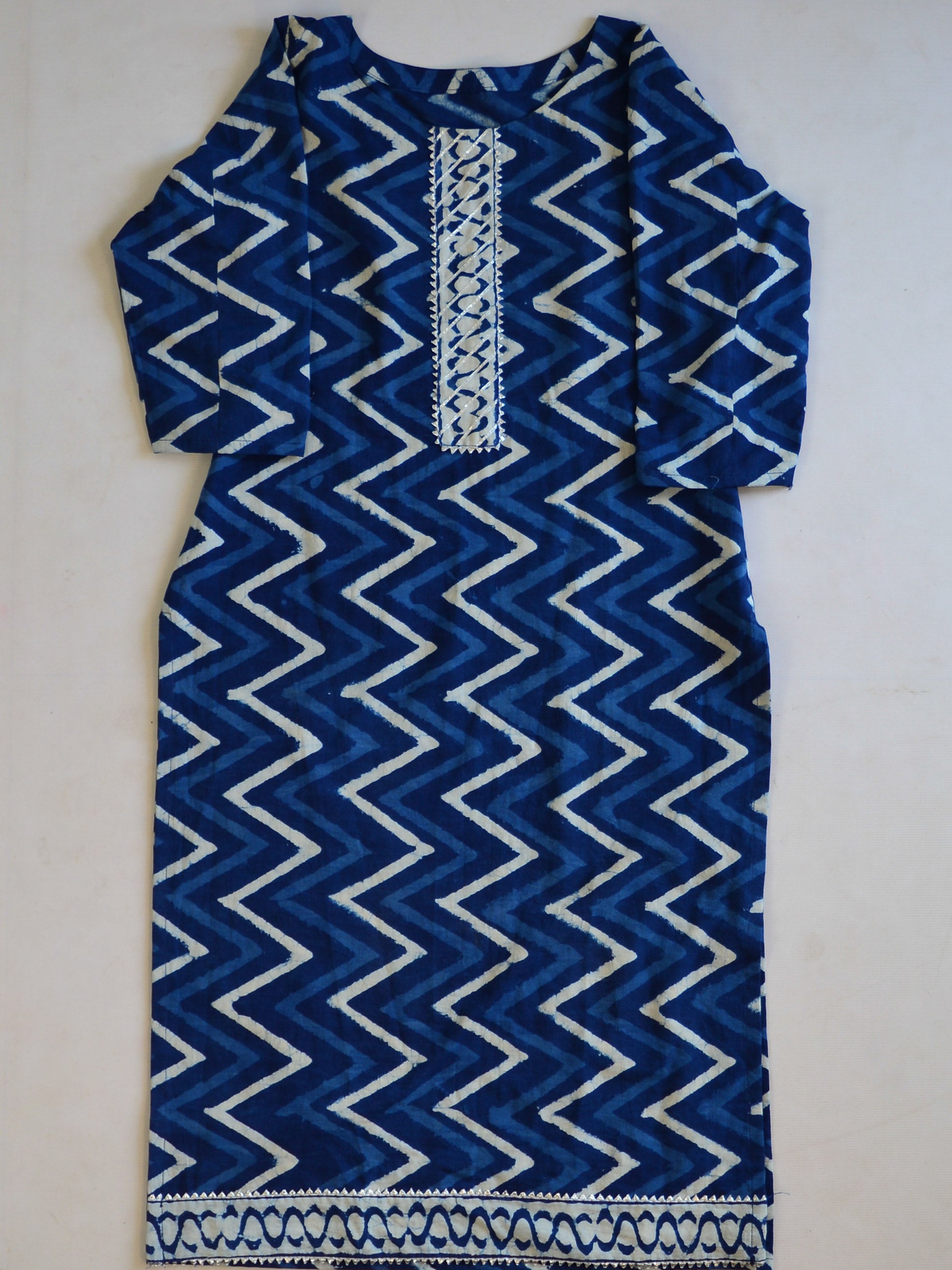Handblock Printed Kurta Palazzo & Dupatta Set With GotaPatti Work-Indigo