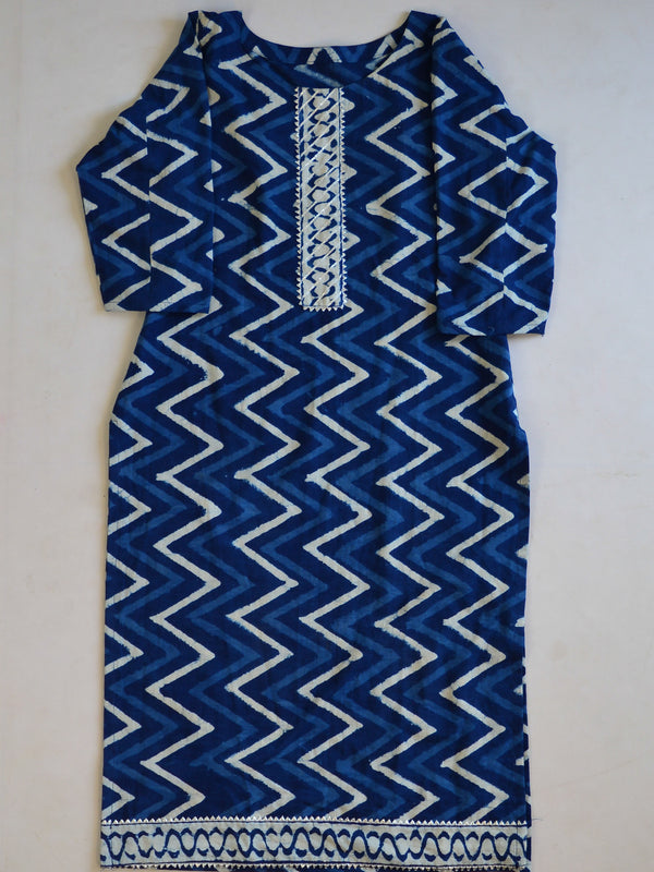Handblock Printed Kurta Palazzo & Dupatta Set With GotaPatti Work-Indigo