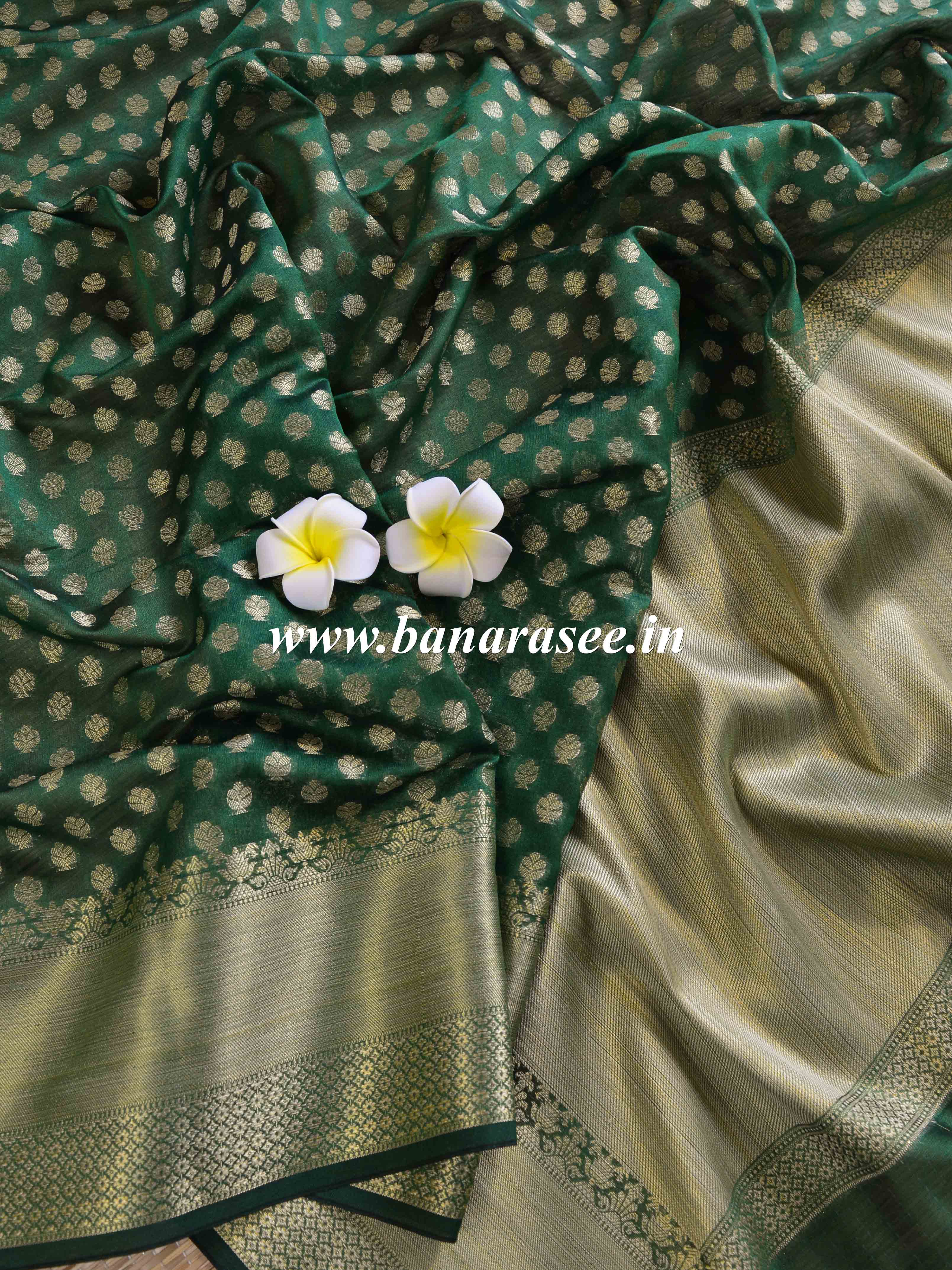 Banarasee Cotton Silk  Saree With Zari Buti & Border-Green