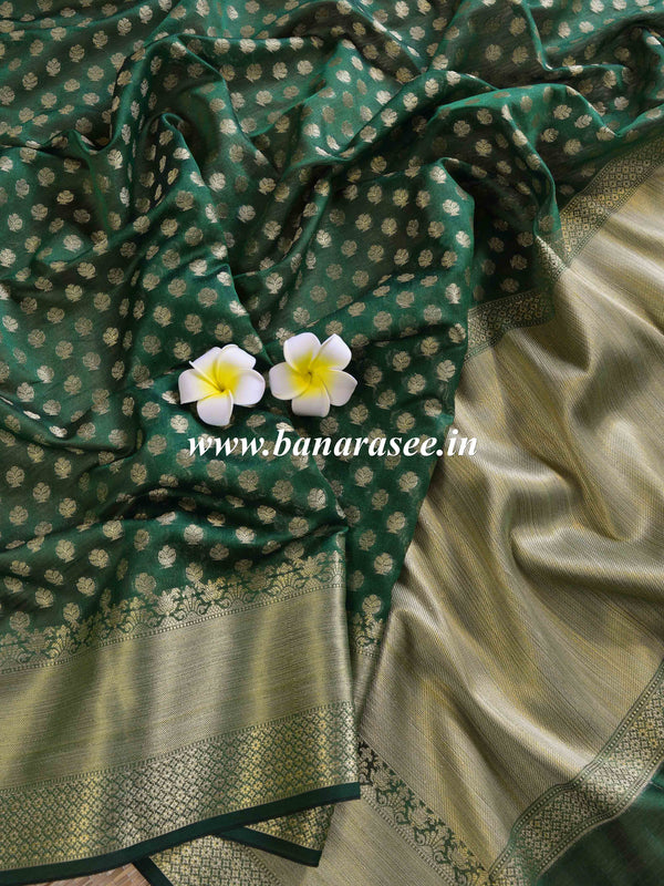 Banarasee Cotton Silk  Saree With Zari Buti & Border-Green