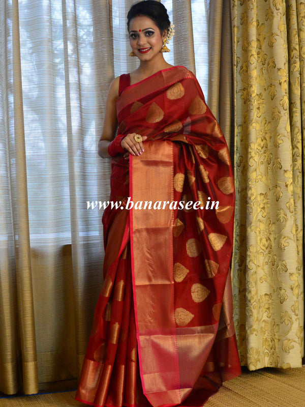 Banarasee Cotton Silk Mix Saree With Antique Zari Buta Design-Maroon