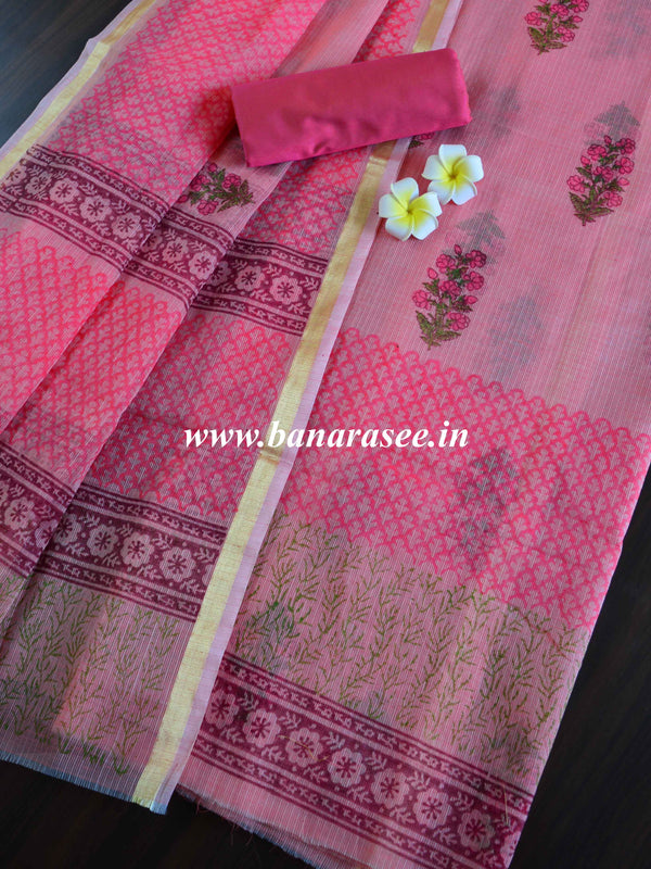 Kota Doria Block Printed Salwar Kameez Dupatta Set-Peach