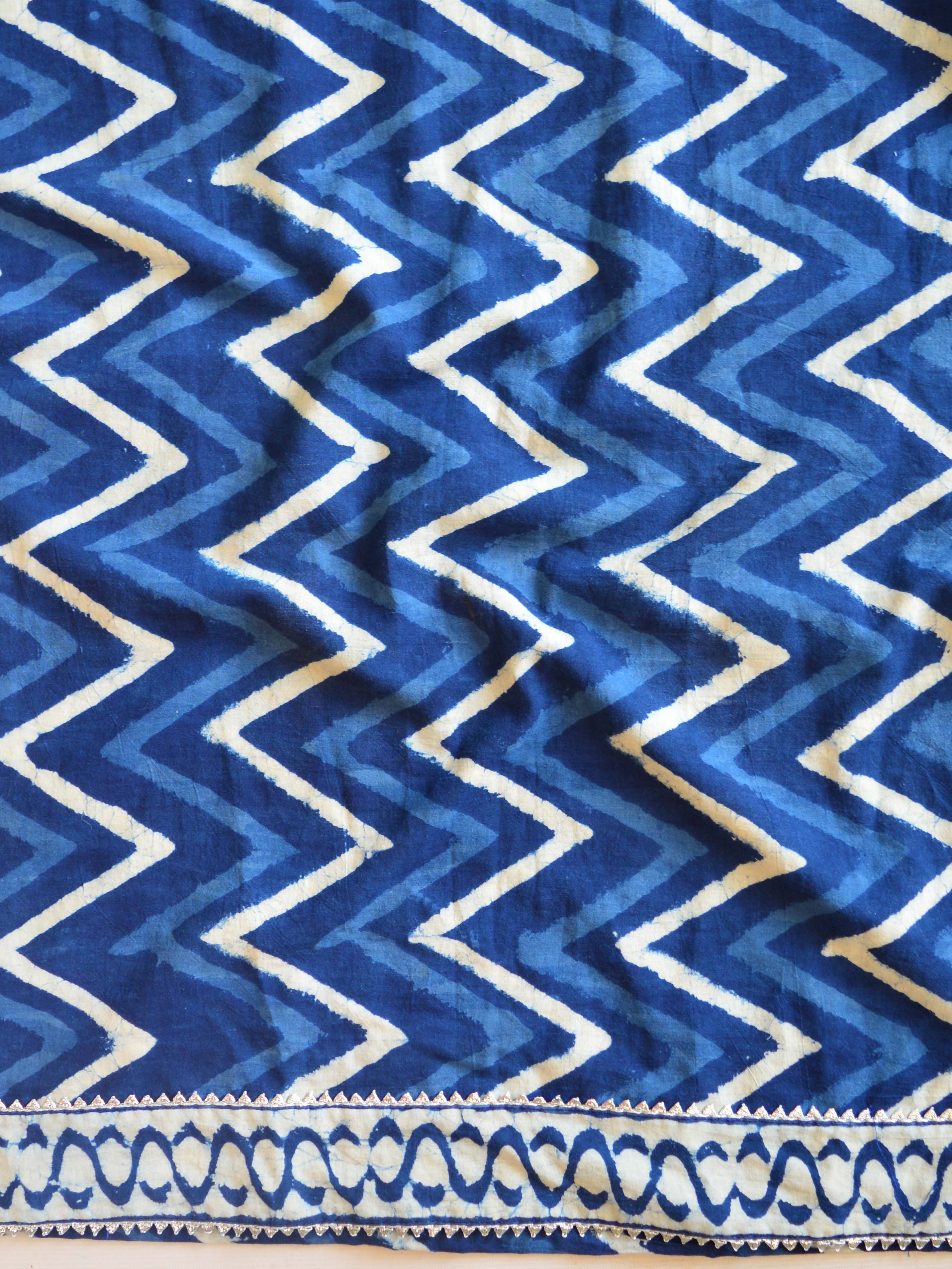 Handblock Printed Kurta Palazzo & Dupatta Set With GotaPatti Work-Indigo