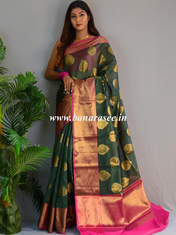 Banarasee Cotton Silk Mix Saree With Antique Zari Buta Design-Green
