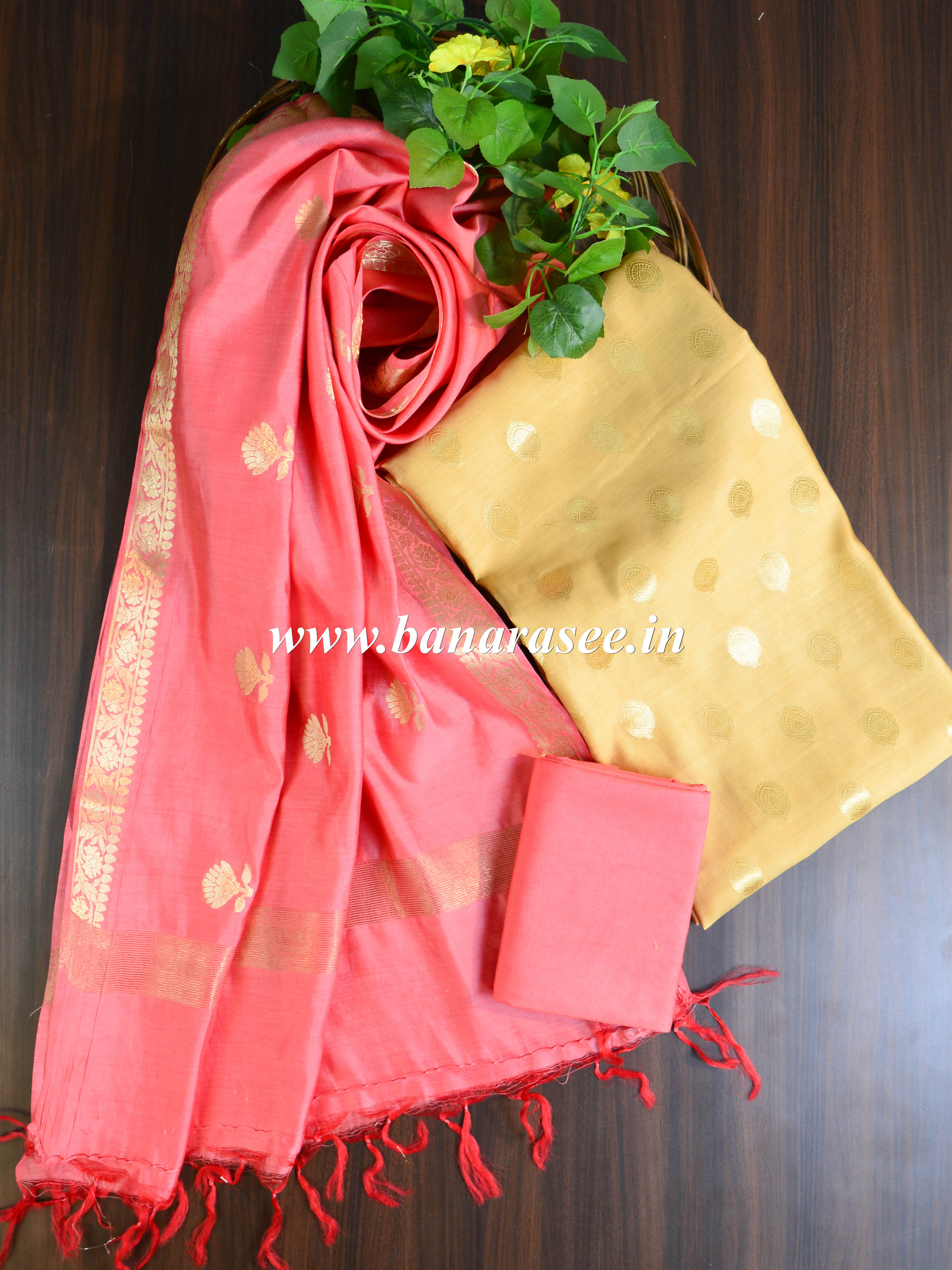 Banarasee Handloom Pure Silk Zari Buti Salwar Kameez Fabric With Dupatta-Beige & Peach