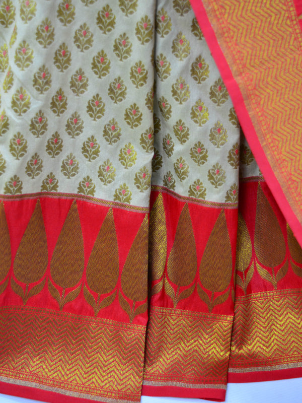 Banarasee Art Silk Saree With Antique Zari Work-Off White