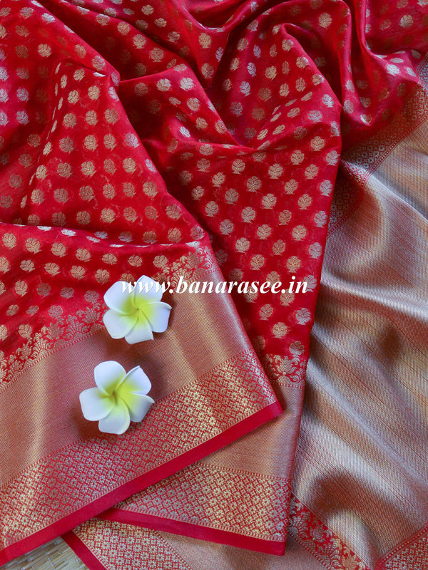 Banarasee Cotton Silk  Saree With Zari Buti & Border-Red