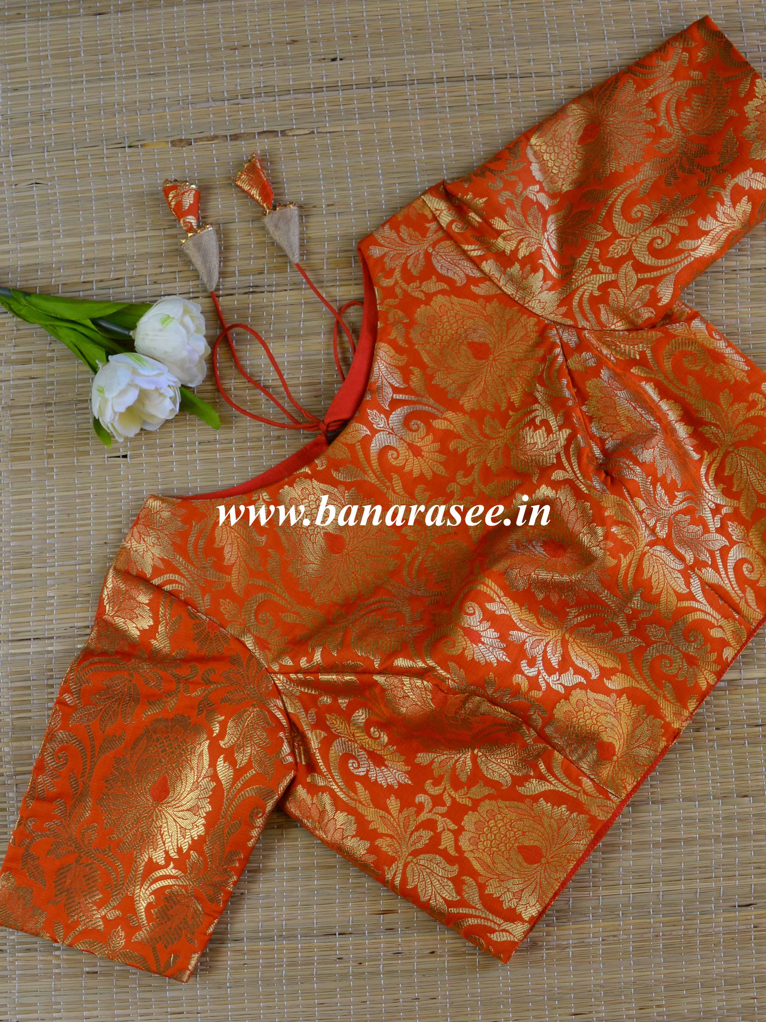 Banarasee Pure Silk Brocade Fabric Blouse-Orange