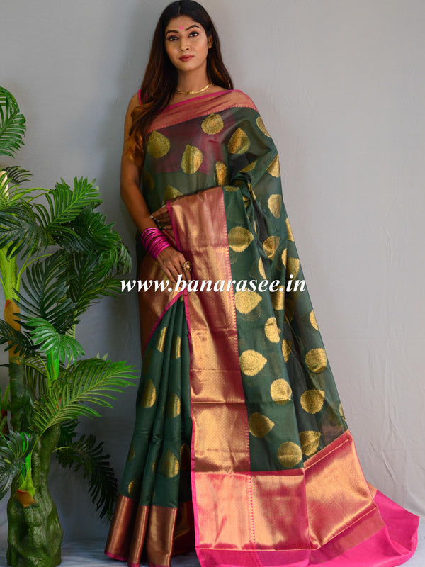 Banarasee Cotton Silk Mix Saree With Antique Zari Buta Design-Green