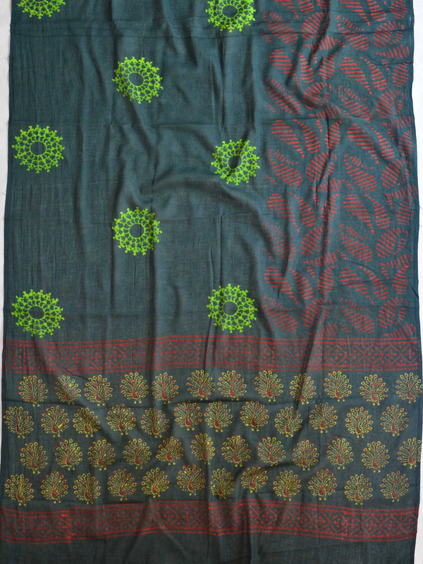 Pure Handloom Mul Cotton Bagru Block Print Gotapatti Suit Set-Green