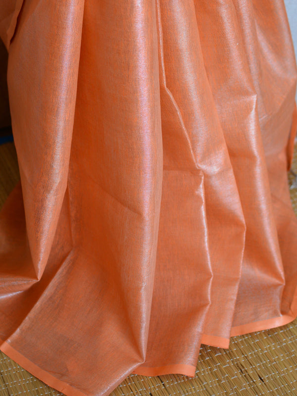Banarasee Handloom Pure Linen By Tissue Saree-Peach