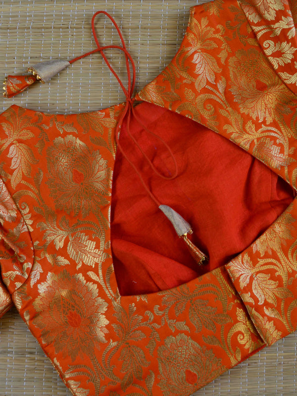 Banarasee Pure Silk Brocade Fabric Blouse-Orange