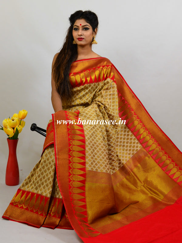 Banarasee Art Silk Saree With Antique Zari Work-Off White
