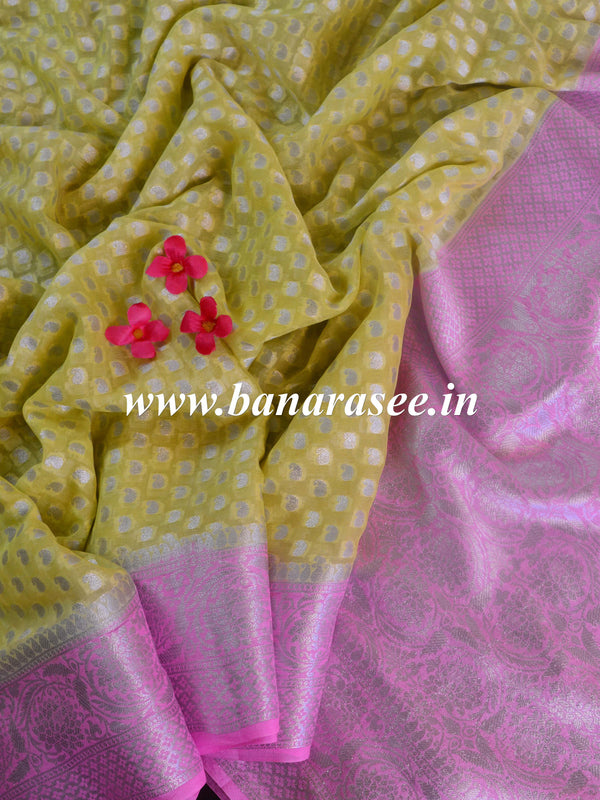 Banarasee Pure Chiffon Saree With Silver Zari Asharfi Buta & Border-Yellow & Pink