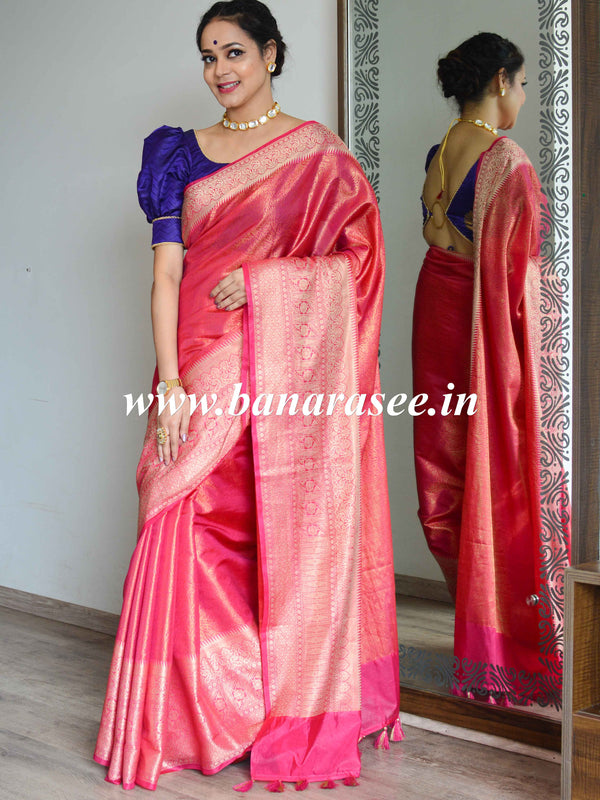 Banarasee Art Silk Saree With Zari Floral Border & Self Weaving Work-Pink
