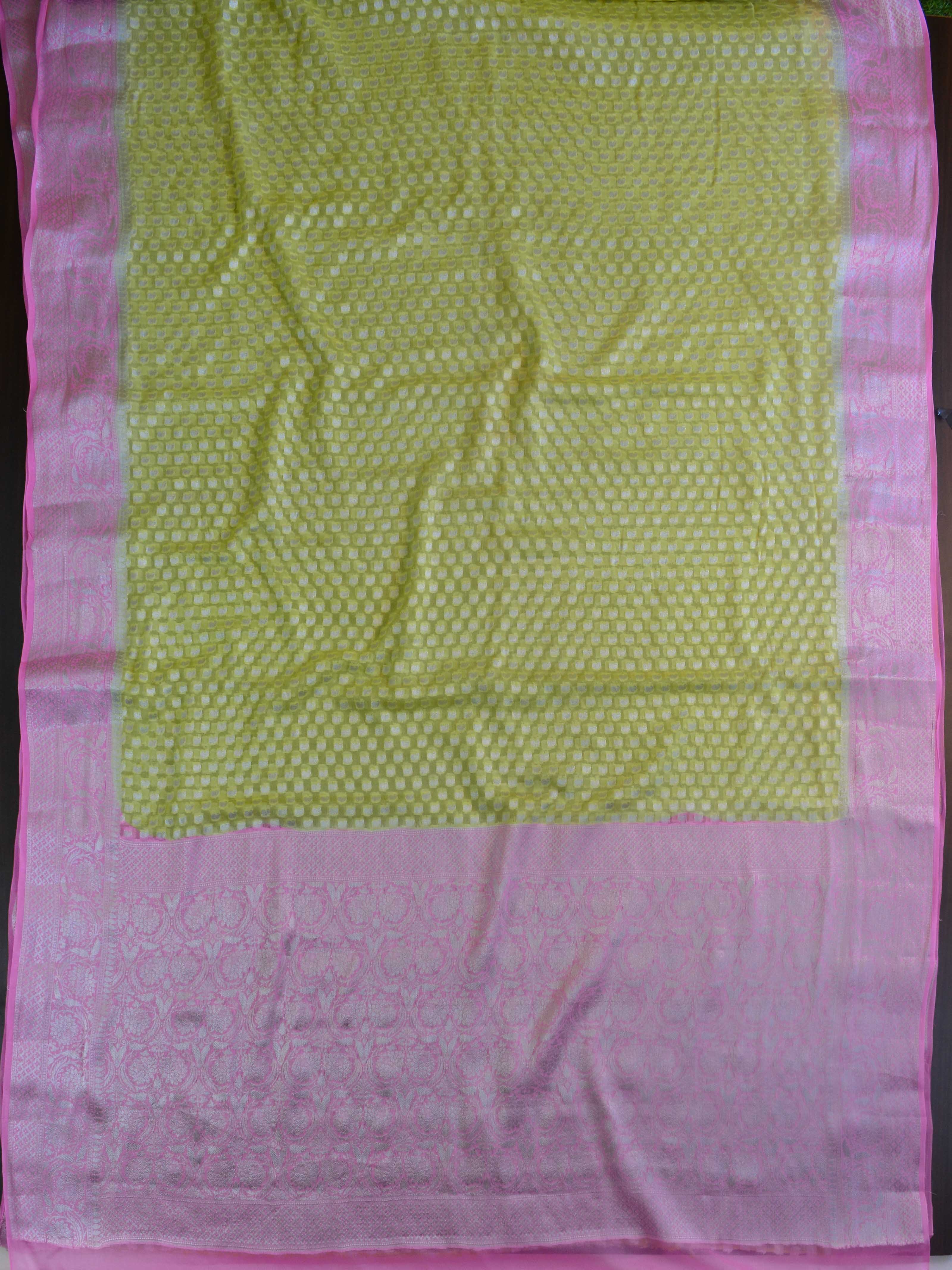 Banarasee Pure Chiffon Saree With Silver Zari Asharfi Buta & Border-Yellow & Pink