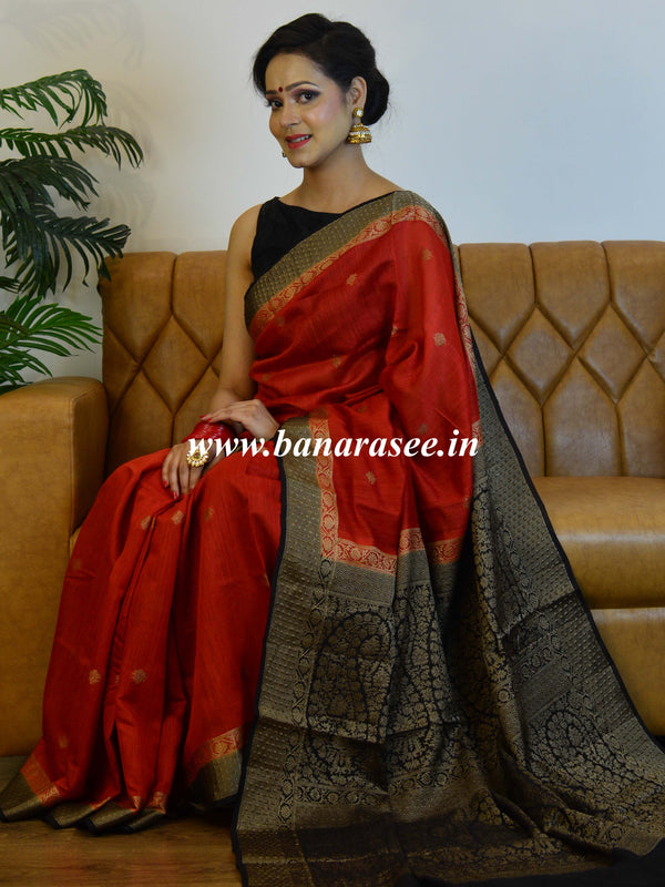 Banarasee Handwoven Pure Muga Silk Sari Buti With Floral Border & Pallu-Red