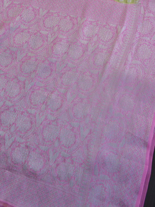 Banarasee Pure Chiffon Saree With Silver Zari Asharfi Buta & Border-Yellow & Pink