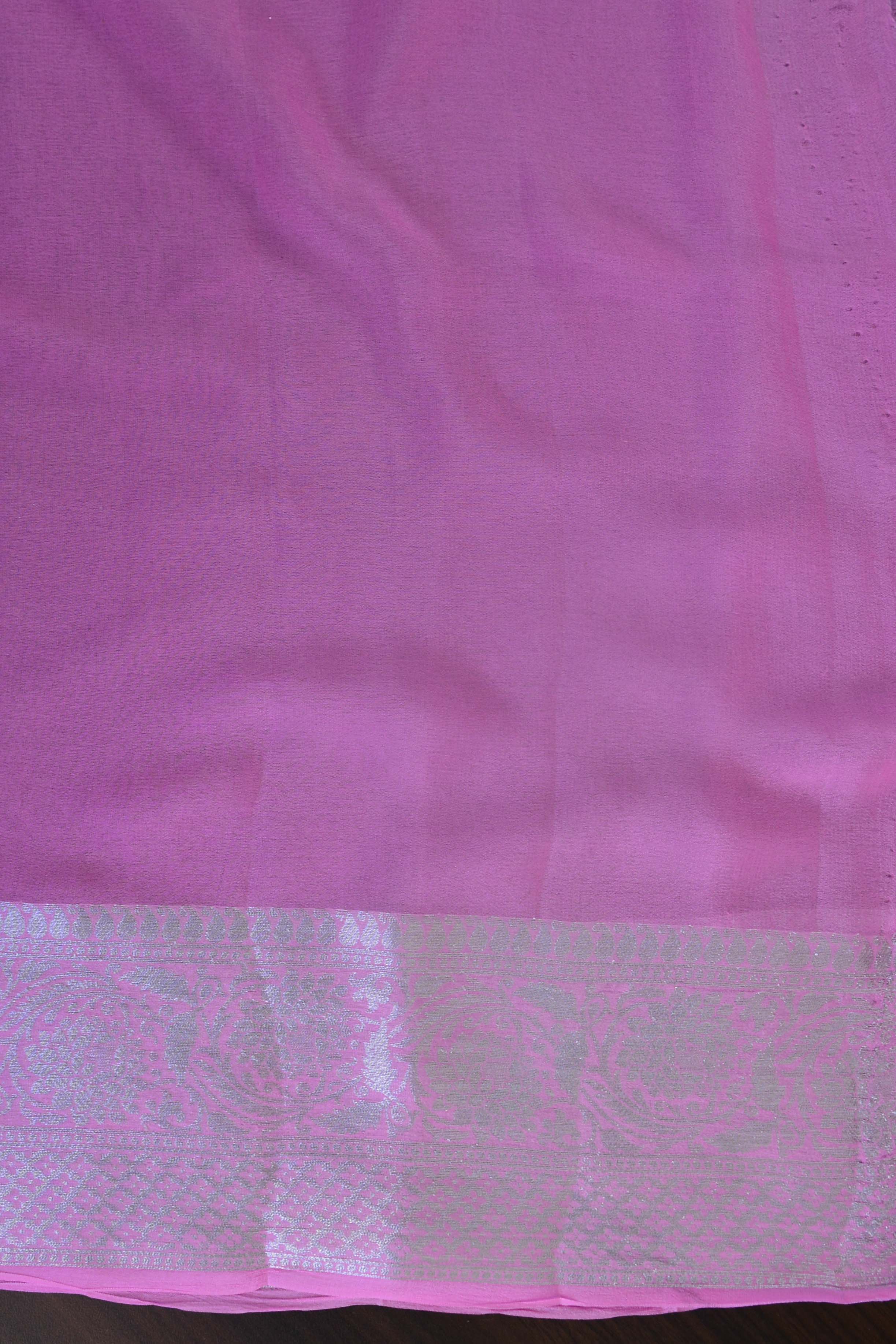 Banarasee Pure Chiffon Saree With Silver Zari Asharfi Buta & Border-Yellow & Pink