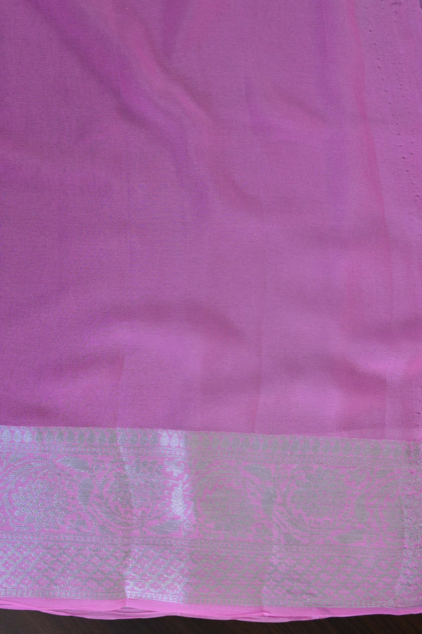 Banarasee Pure Chiffon Saree With Silver Zari Asharfi Buta & Border-Yellow & Pink