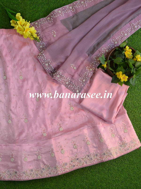 Banarasee Semi-Stitched Katdana & Zardozi Hand-work Lehenga Blouse & Dupatta-Pink