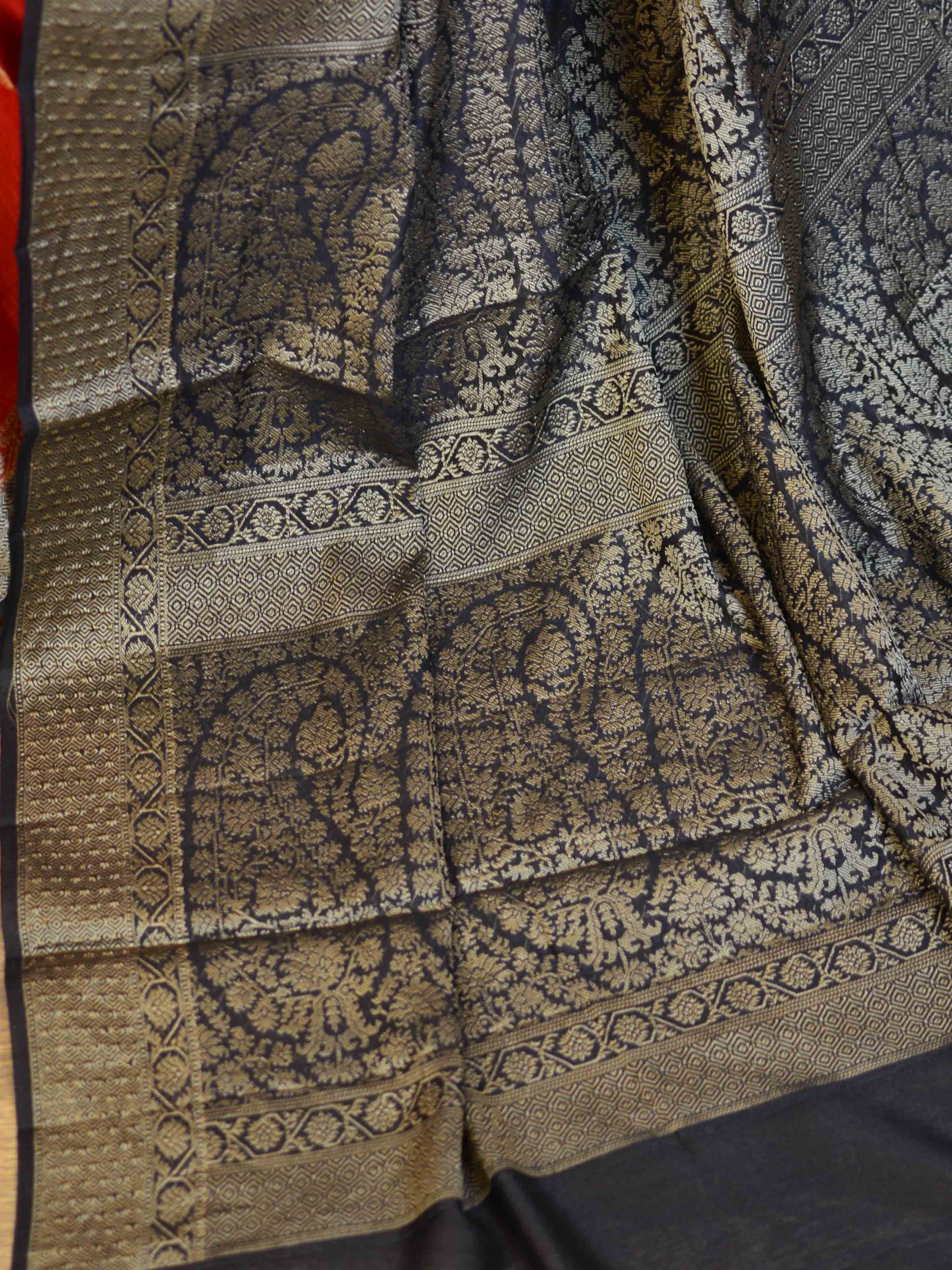 Banarasee Handwoven Pure Muga Silk Sari Buti With Floral Border & Pallu-Red