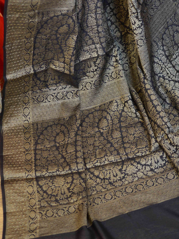 Banarasee Handwoven Pure Muga Silk Sari Buti With Floral Border & Pallu-Red