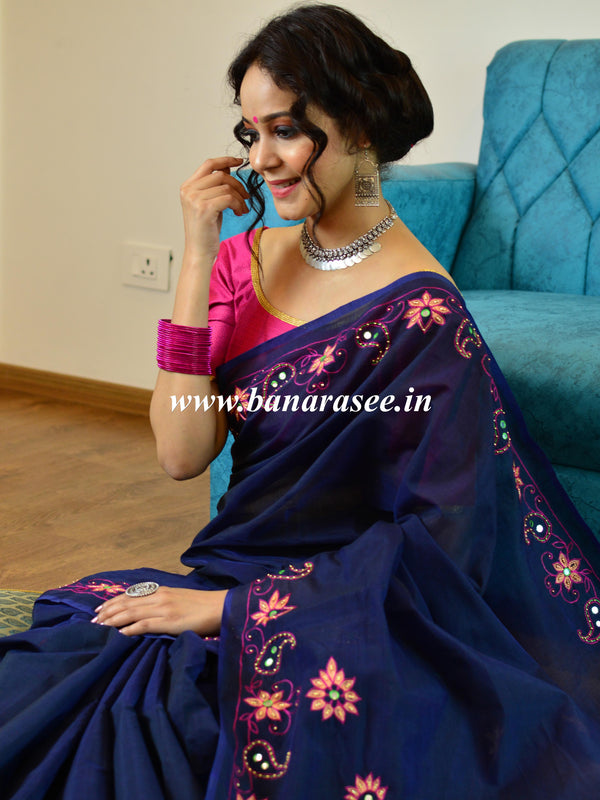 Banarasee Chanderi Cotton Hand-Embroidered Saree-Deep Blue