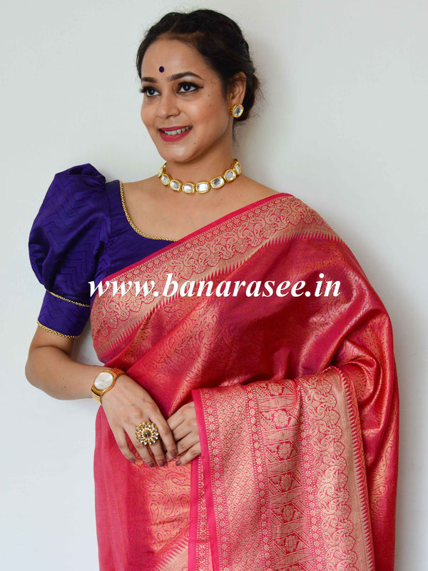 Banarasee Art Silk Saree With Zari Floral Border & Self Weaving Work-Pink