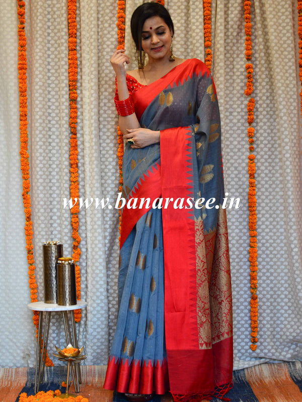 Banarasee Handwoven Cotton Silk Leaf Buta Saree With Red Satin Border-Grey