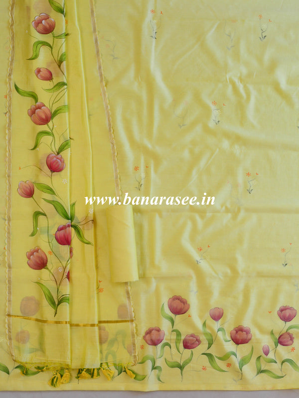 Banarasee Pure Chanderi Silk Hand-painted Salwar Kameez Set-Yellow