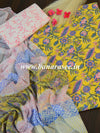Handloom Mul Cotton Block Print Suit Set With Chiffon Dupatta-Yellow & White