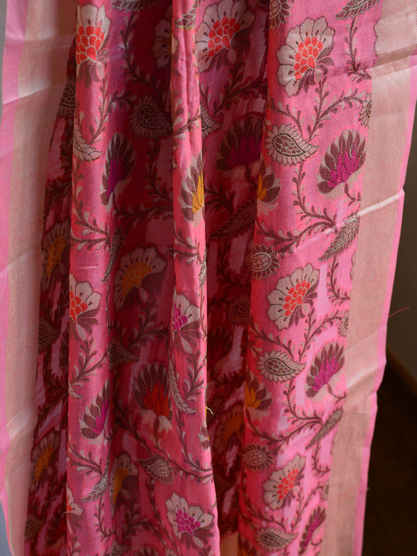 Banarasee Cotton Silk Multicolor Resham Work Dupatta-Pink