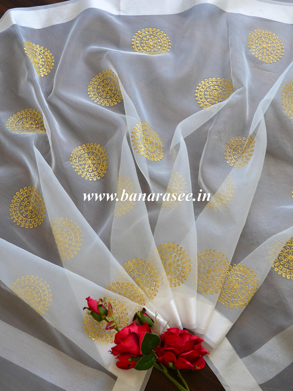 Banarasee Embroidered Gold Buta Design Organza Dupatta-White