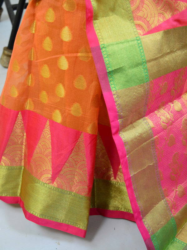 Banarasee Chanderi Cotton Temple Border Saree-Orange