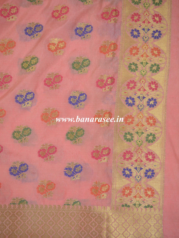 Banarasee Art Silk Dupatta With Meena Work Flower Motif Design-Pastel Peach