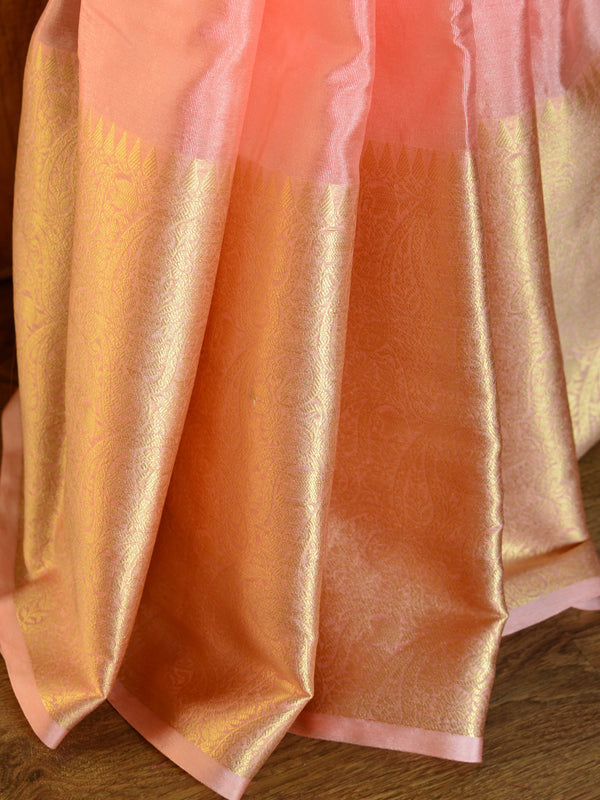 Banarasee Handwoven Semi Silk Saree Broad Zari Border-Peach