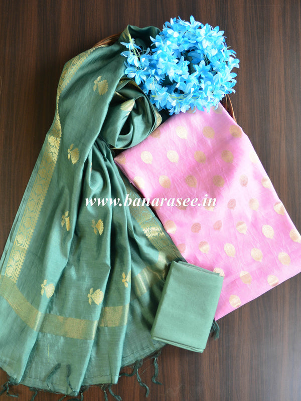 Banarasee Handloom Pure Silk Zari Buti Salwar Kameez Fabric With Dupatta-Green & Pink