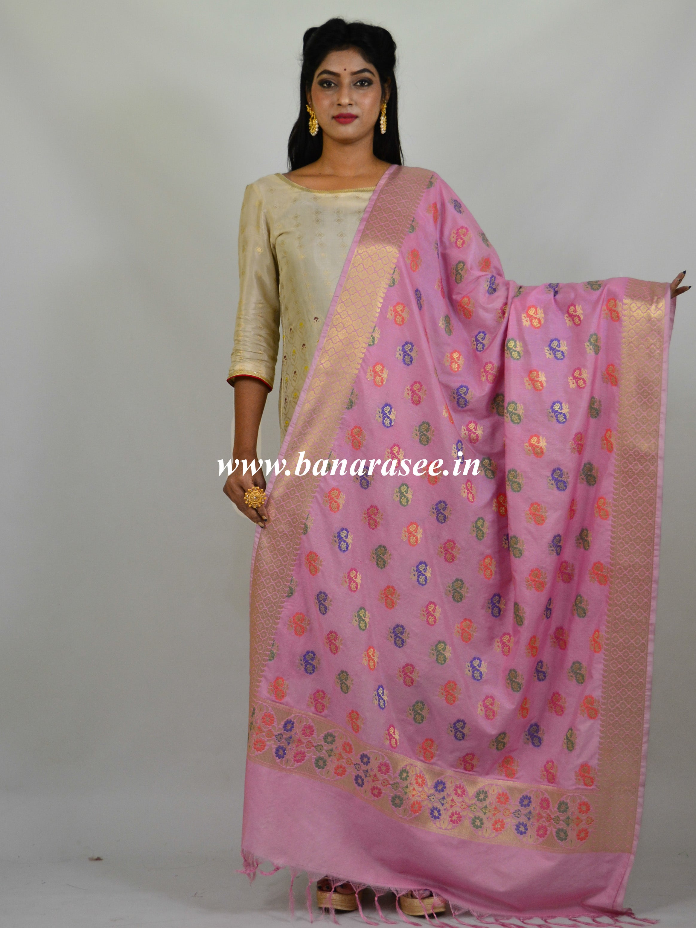 Banarasee Art Silk Dupatta With Meena Work Flower Motif Design-Pastel Pink