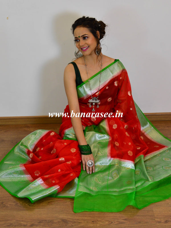 Banarasee Organza Mix Saree With Flower Buta Design & Broad Border-Red & Green