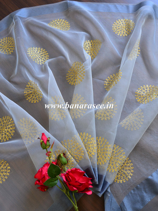 Banarasee Embroidered Gold Buta Design Organza Dupatta-Grey