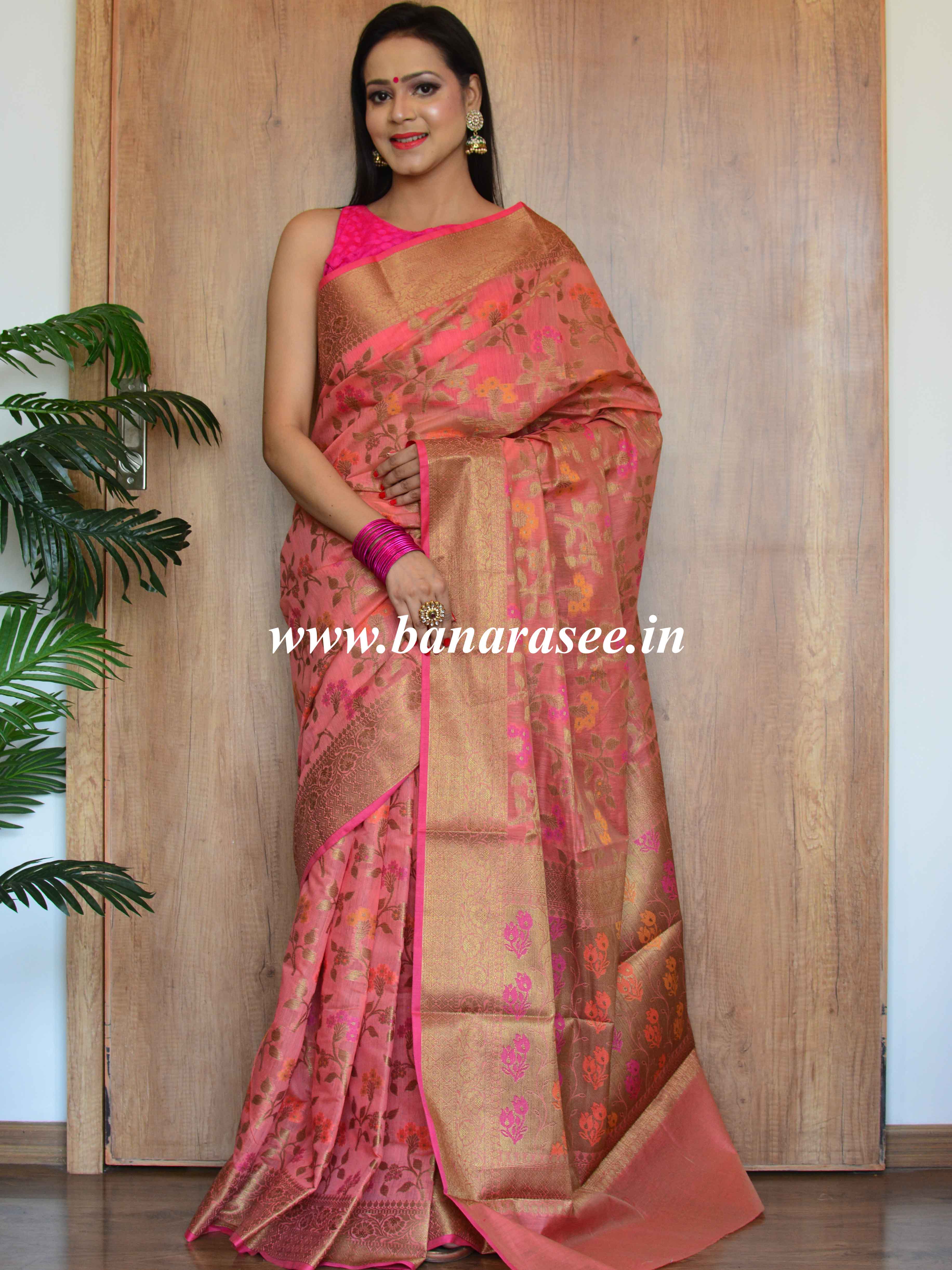 Banarasee Cotton Silk  Saree With Antique Zari Buti & Border-Peach