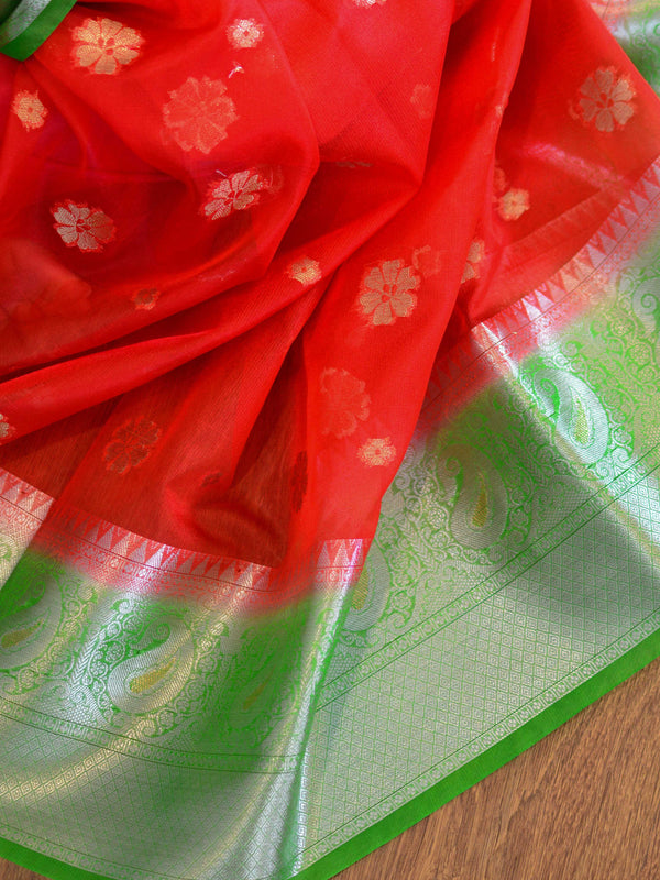 Banarasee Organza Mix Saree With Flower Buta Design & Broad Border-Red & Green