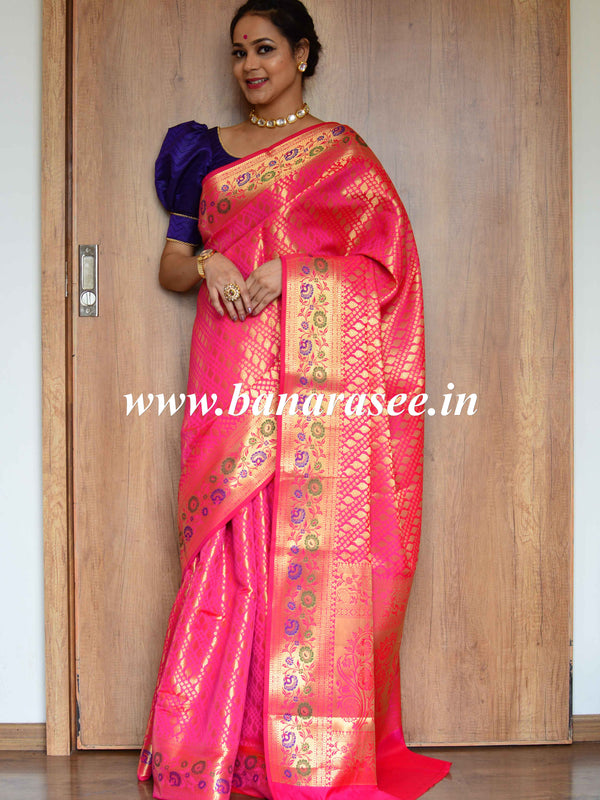 Banarasee Art Silk Saree With Zari Buta & Border-Pink