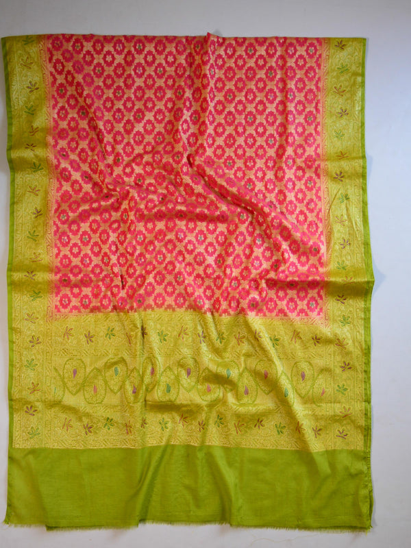 Banarasee Cotton Silk Zari Woven Hand-Painted Salwar Kameez Dupatta Set-Pink & Green