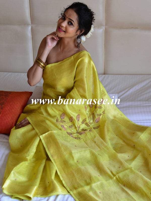 Banarasee Handloom Pure Linen By Tissue Saree With Pearl Embroidery-Green