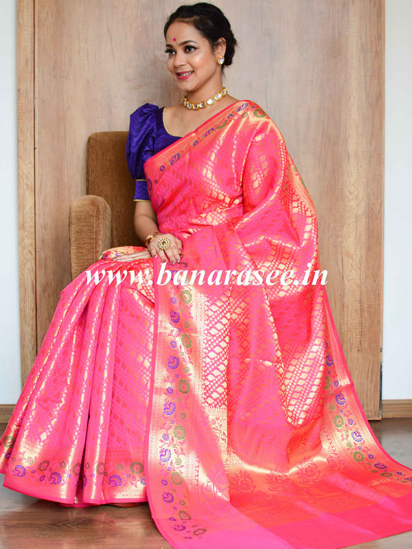 Banarasee Art Silk Saree With Zari Buta & Border-Pink