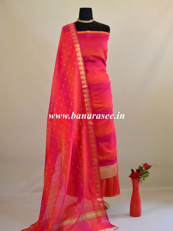 Banarasee Chanderi Cotton Stripes Salwar Kameez  Fabric With Dupatta-Pink